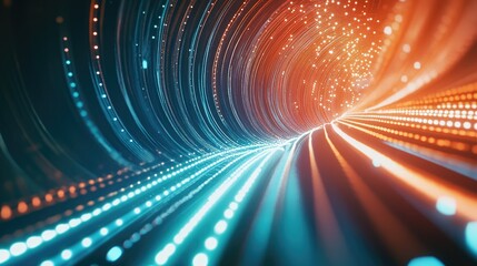 A glowing tunnel of data streams in vibrant neon colors