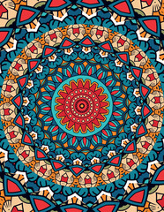 A colorful mandala design featuring intricate patterns, symmetrical shapes, and a variety of warm colors