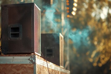 A close-up of a speaker at an outdoor event, emitting smoke, with a blurred background of lights and trees.
