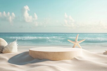 Beach podium summer background sand product 3D sea display platform. Beach podium summer banner stand scene sale sky holiday vacation stage water island sun travel pedestal promotion presentation