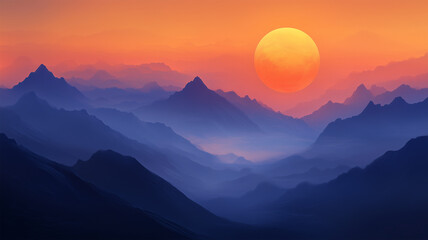 山の尾根に沈むオレンジの満月、壮大な自然のシルエット