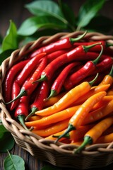 Dried and fresh chilies displayed in a rattan basket with twigs and leaves, fresh, rattan, wildlife