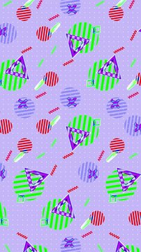 Seamless Memphis 80s patterns with geometric shapes and swirling lines enhance commercials, intros, and digital art. This stylish animation brings a bold nostalgic vibe