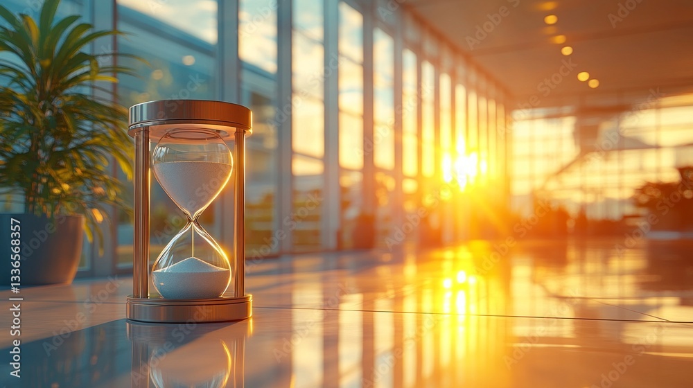Poster warm rays of golden sunlight stream through large windows, illuminating the room with a tranquil glo