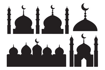 isolated black silhouette of a mosques set, black silhouette mosque set vector illustration