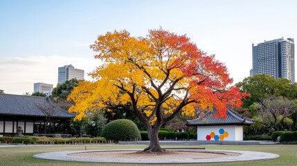 Obraz premium Autumn Colors A Japanese Garden Scene with a Striking Bicolor Tree