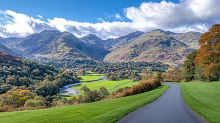 Autumnal Valley Panorama Meandering River, Lush Green Hills, and Gravel Path