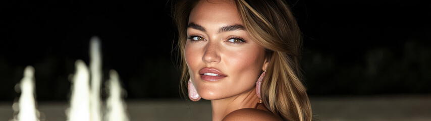 Obraz premium Beautiful woman posing near a fountain in a serene evening setting with gentle lighting