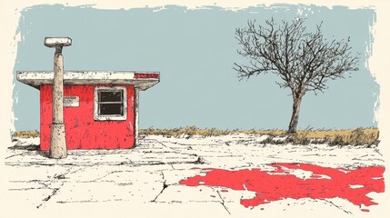 Bleak Landscape with Red Building and Bloodstain