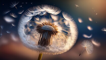 Macro photo of a dandelion puff dispersing its delicate seeds on a soft breeze, symbolizing freedom and new beginnings.

