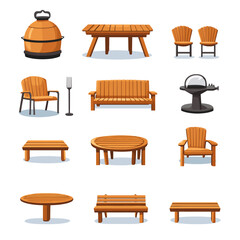 Outdoor wooden furniture set with BBQ grill, table, and chairs