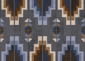 Navajo pattern.Zigzag shape on Dark background.Geometric shape.Brown triangle pattern.Triangle shape.Blue repeat.DIgital design.Illustration.Line.Design for Rug.Blanket.Carpet.Printing and Knitting 