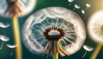 Macro photo of a dandelion puff dispersing its delicate seeds on a soft breeze, symbolizing freedom and new beginnings.


