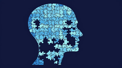 An abstract vector design illustrating the human head profile with a jigsaw puzzle piece fitting into the brain. Generative AI