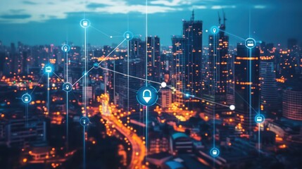 Fototapeta premium Cityscape at night with digital connections, urban development, possible use for technology and innovation