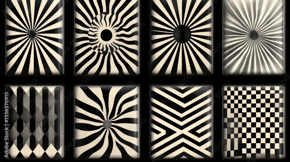 Poster collection of eight abstract black and white geometric patterns with radiating lines, sunbursts, and