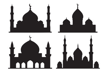 isolated black silhouette of a mosques set, black silhouette mosque set vector illustration