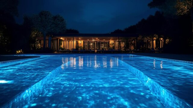 Serene pool illuminated at night with lush garden backdrop  