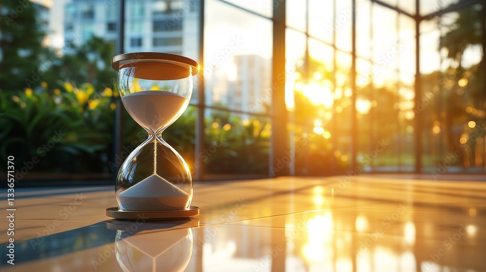 Poster Soft golden rays of sunlight stream through large windows, casting gentle shadows on a polished floor