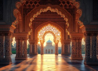 Golden Hour Sunlight Through Intricate Moorish Architecture Palace Warm Grand Stone Arches Design   