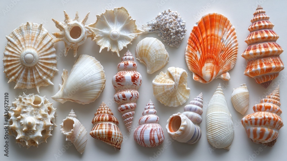 Poster collection of various seashells arranged on a white background.