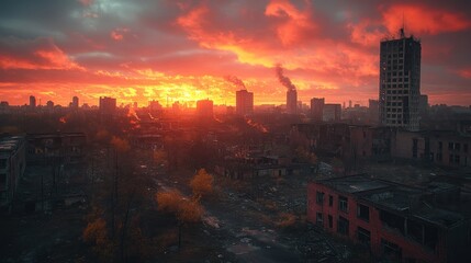 Fototapeta premium Apocalyptic Sunset over Ruined Cityscape