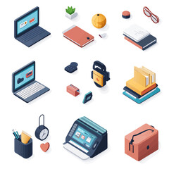 Isometric Office Supplies Set: Laptops, Notebooks, Organizer, and Accessories.