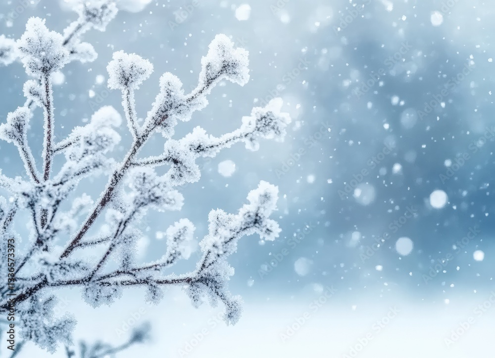 Poster snow falling on frozen branches creating winter wonderland