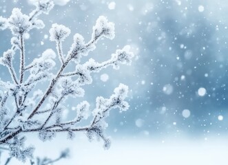 Snow falling on frozen branches creating winter wonderland