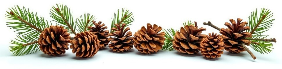 Pinecones and twigs isolated on white background, woodsy, pinecones,