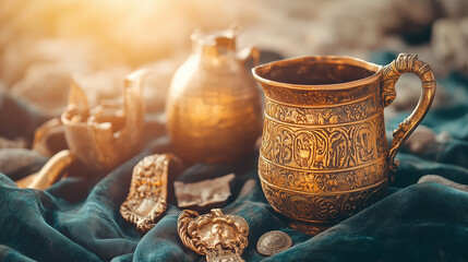 Fototapeta premium A close-up view of ancient gold and silver artifacts placed on a velvet cloth, with a blurred background of an archaeological excavation scene, highlighting a significant historical discovery.