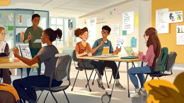 A vibrant digital illustration of a diverse group of students engaged in a collaborative study session in a bright and modern classroom. They are discussing ideas, using laptops and notebooks