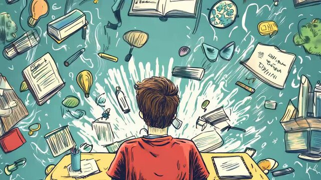 A digital illustration of a student surrounded by floating books, light bulbs, and various educational symbols, representing creativity, learning, and the power of imagination. The vibrant, hand-drawn