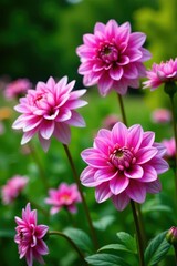 Fototapeta premium Pink and purple dahlia flowers in a garden bed with greenery, scenery, greenery