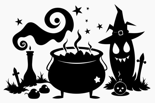 black halloween cauldron, witch, candle, stars clip art preview