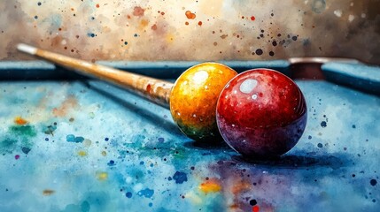 A vibrant watercolor-style digital painting featuring a billiards cue and two balls against a dynamic splash of colorful paint on a white background.  

