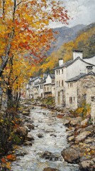 Autumn Village by a Stream Painting