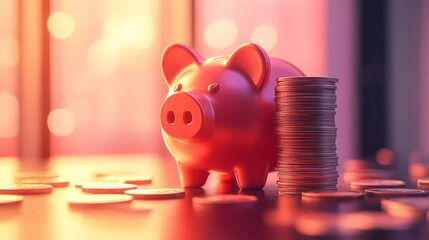 Piggy bank with dollar coins, symbolizing wealth management, cash savings, and financial responsibility, a great asset for banking promotions, storybook illustration