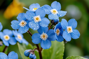 Blue Forget Me Nots with Dew Drops Close Up