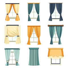 Nine Colorful Window Curtains Illustration, Home Interior Decor Design