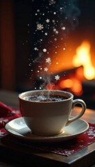 Snowflakes falling gently on a warm cup of tea, fireplace, warm