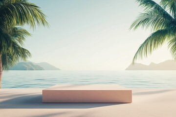 Fototapeta premium Empty mockup podium for product presentation on sandy palm beach with ocean