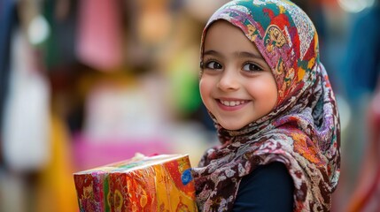 Fototapeta premium Radiant smile of a young girl wearing a colorful hijab, holding a gift box