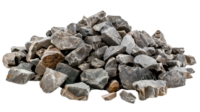 Pile of gray crushed stones forming a small mound on transparent background