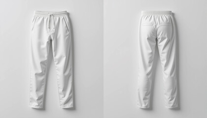 Plain white athletic pants front and back view - minimalist product shot