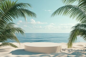 Empty mockup podium for product presentation on sandy palm beach with ocean