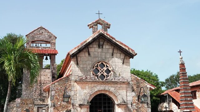 Zoom in shot of Altos de Chavon church, tourist attraction, re-creation of a old Mediterranean style village.La Romana near the Chavon river, Carribean travel,Dominican republic.