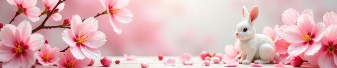 Spring florals in shades of pink and white featuring ceramic bunny, blossoms, florals, bunny