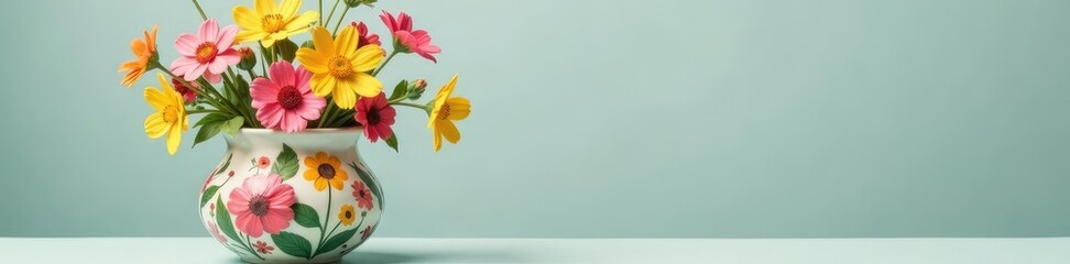 Obraz premium Springtime bouquet of meadow flowers in a small floral ceramic vase, colorful, vase, ceramic