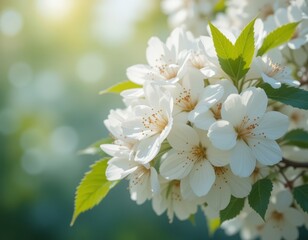Close-up of white cherry blossoms with loads of petals and green leaves